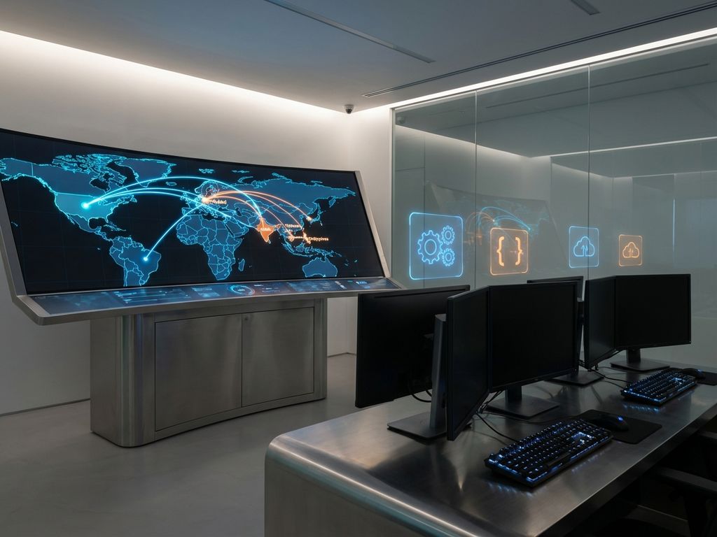 Wereldkaart op digitaal scherm met gloeiende verbindingslijnen tussen landen en holografische tech-iconen boven outsourcing-bestemmingen