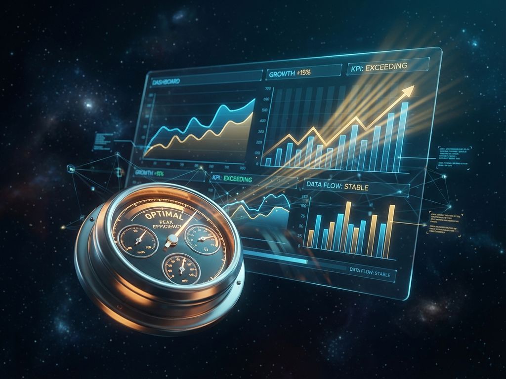 Digital dashboard with glowing KPI charts showing upward trends and performance gauge in professional blue-orange tech design