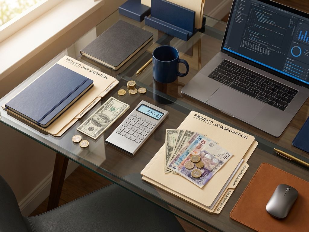 Calculator displaying €25-30 on modern glass desk with international currency, laptop showing coding interfaces, and programming documents