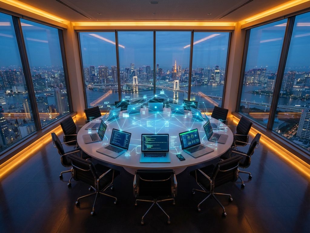 Modern conference room with laptops displaying code interfaces connected by holographic network lines above circular table