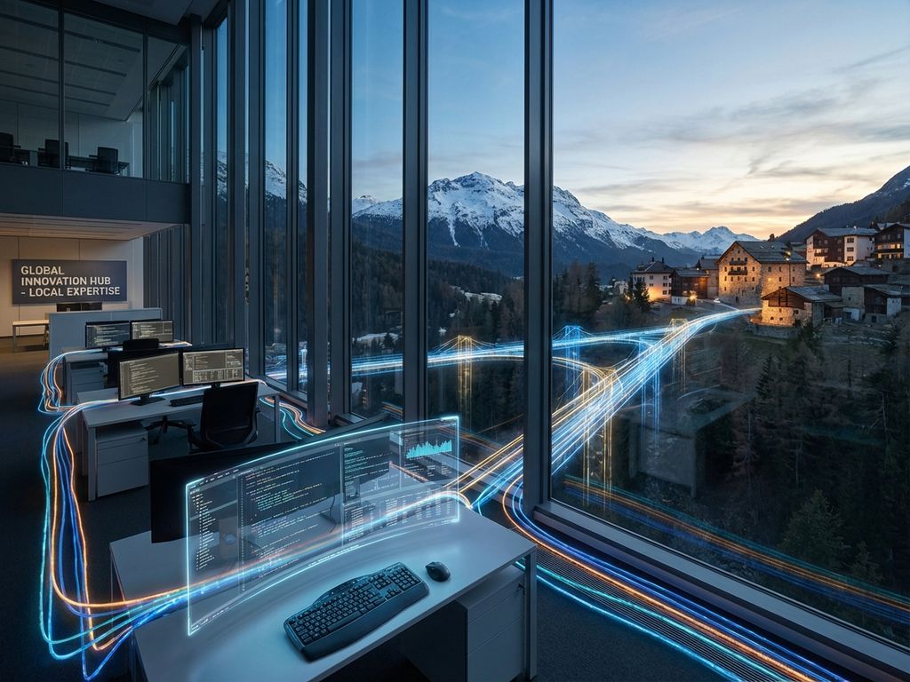 Modern glass office building connected by glowing digital pathways to mountain landscape, with holographic code above workstations.