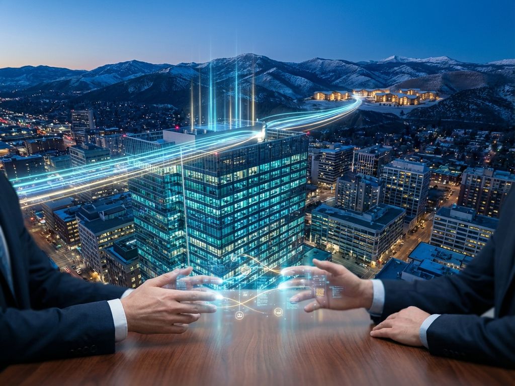 Luchtfoto van modern kantoorgebouw verbonden met bergfaciliteit via digitale netwerken, handen boven bureau met hologrammen