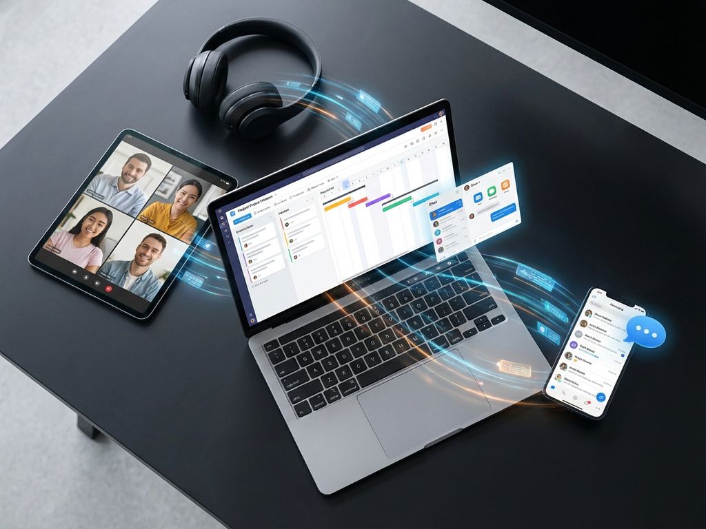 Moderne werkplek met laptop, tablet en smartphone verbonden door digitale datastromen voor remote samenwerking