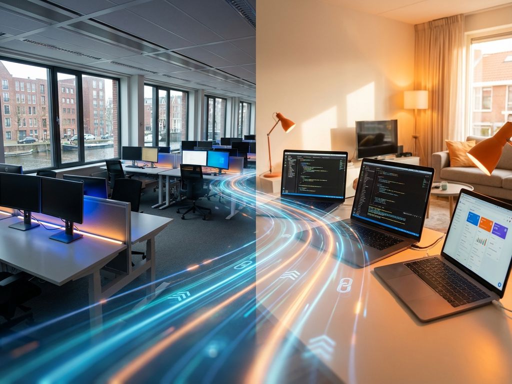 Moderne Nederlandse kantoorruimte verbonden met thuiswerkplek via digitale datastromen en netwerklijnen