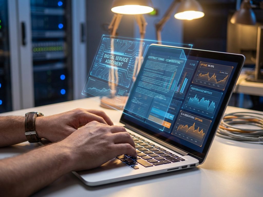 Hands typing on laptop with holographic contract documents and digital performance metrics floating above screen in modern office