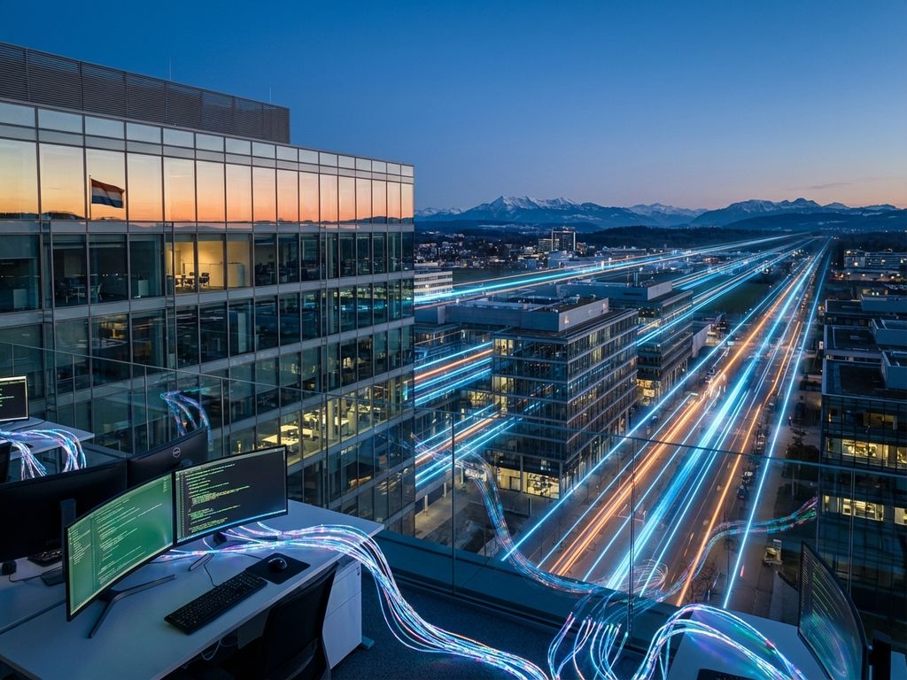 Modern glass office building connected by glowing digital pathways to mountains, with workstations displaying code interfaces
