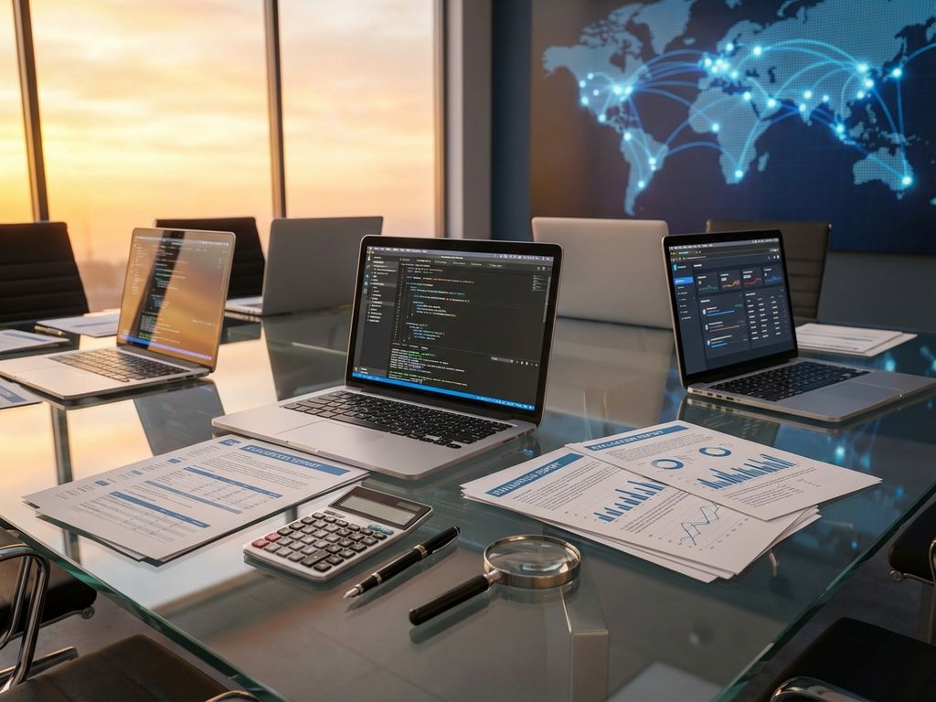 Modern conference table with laptops displaying code, evaluation documents, and calculator in golden hour lighting