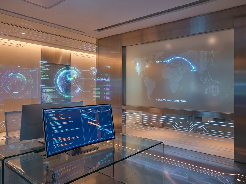 Futuristic office with holographic displays showing global networks, transparent coding screens, and glowing connections between Netherlands and Nepal.