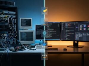 Split-screen workspace comparison: cluttered IT hardware desk with blue lighting versus clean developer setup with monitors showing code and warm lighting.