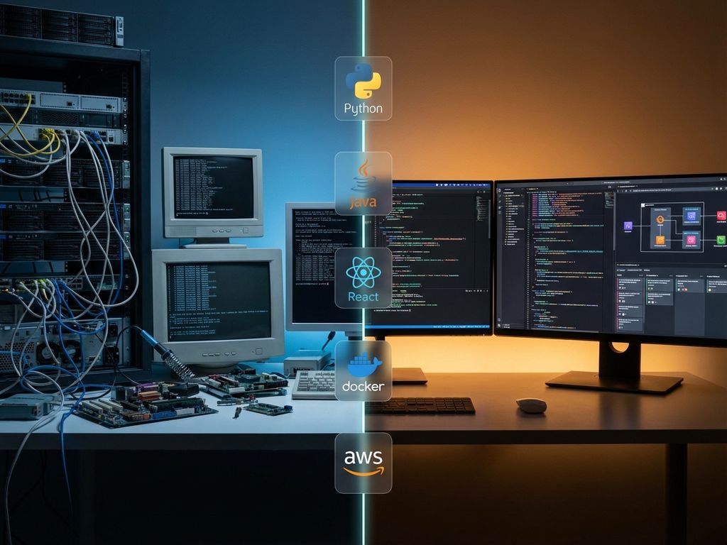 Split-screen workspace comparison: cluttered IT hardware desk with blue lighting versus clean developer setup with monitors showing code and warm lighting.