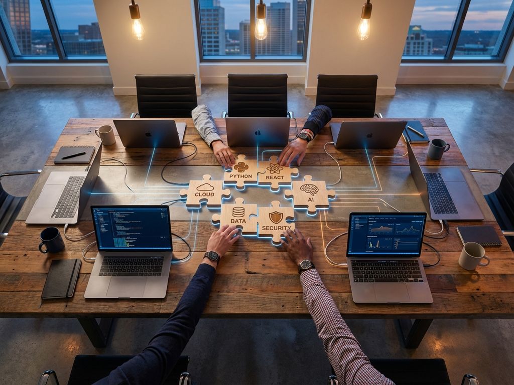 Hands reaching for puzzle pieces labeled with programming languages on conference table with laptops displaying code interfaces.