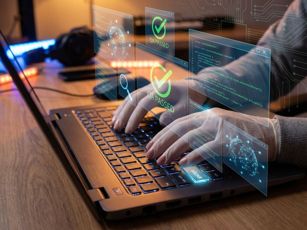 Hands typing on laptop keyboard with holographic screens displaying code, QA checkmarks, and network diagrams in modern workspace