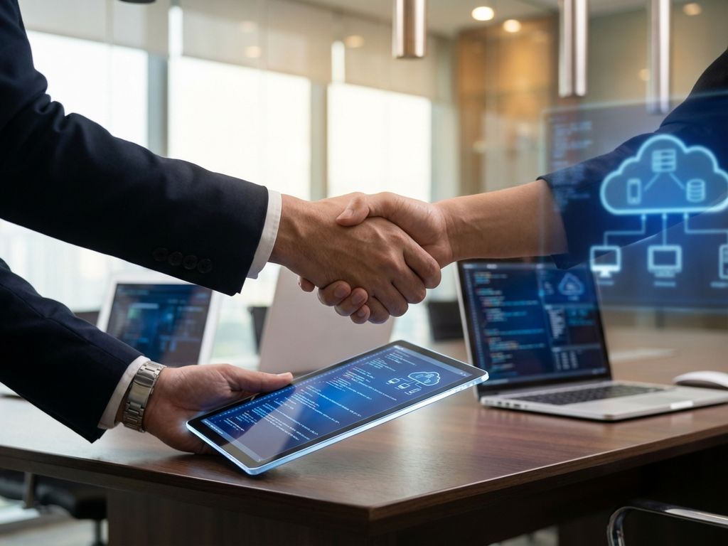 Zakelijke handdruk boven conferentietafel met tablet met code, laptops met cloud-architectuur op achtergrond