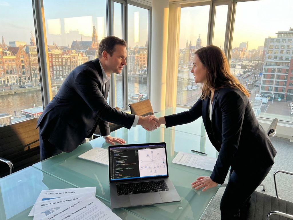 Twee zakenmensen schudden handen over glazen vergadertafel met laptop, IT-documenten en Nederlandse stadszicht op achtergrond
