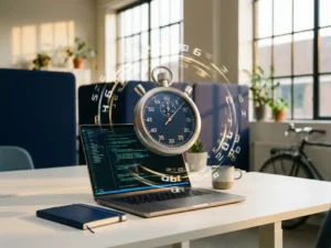 Silver stopwatch floating above laptop displaying code on modern white desk in Dutch office with natural lighting