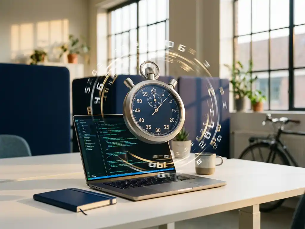 Silver stopwatch floating above laptop displaying code on modern white desk in Dutch office with natural lighting