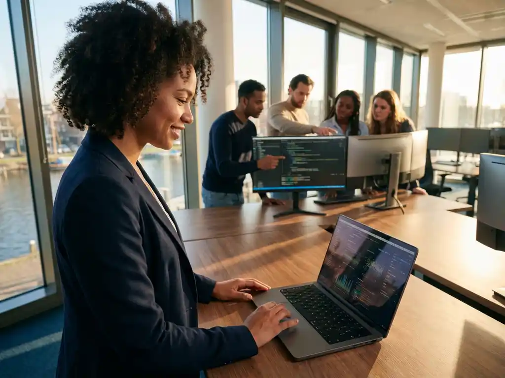 Business professional using laptop software while development team collaborates on monitors in modern Dutch office with natural lighting
