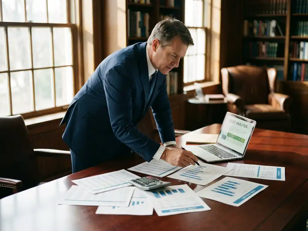 Businessman in navy suit analyzing financial charts and graphs on mahogany conference table with calculator and laptop nearby