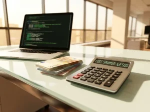 Calculator displaying cost savings on glass desk with euro banknotes and laptop showing development code in modern office workspace