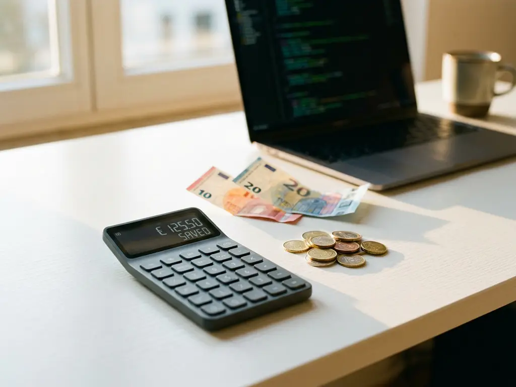 Calculator displaying cost savings on white desk beside Dutch euro bills with laptop showing code in background
