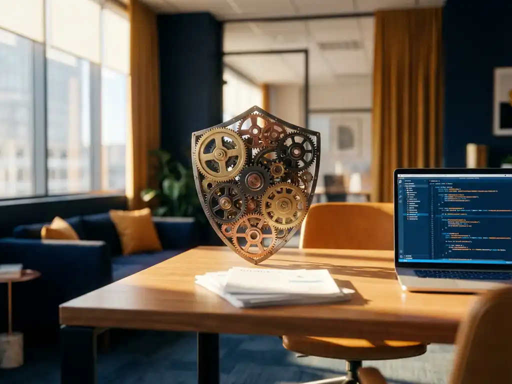 Beschermend schild van metalen tandwielen op moderne bureau met zakelijke documenten en laptop met code