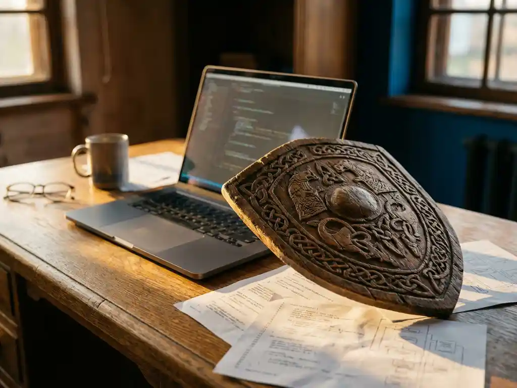 Wooden shield with carved details positioned protectively over laptop and code documents on oak desk in golden sunlight