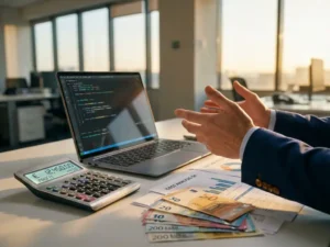 Calculator met financiële cijfers op glazen bureau naast laptop met ontwikkelingscode, euro's en kostenanalyse documenten, Nederlandse zakenman gebaart over papieren in modern kantoor