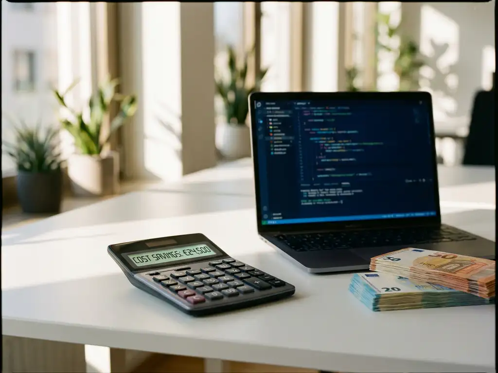 Moderne rekenmachine toont kostenbesparingen naast laptop met code en stapels eurobiljetten op wit bureau in zonlicht