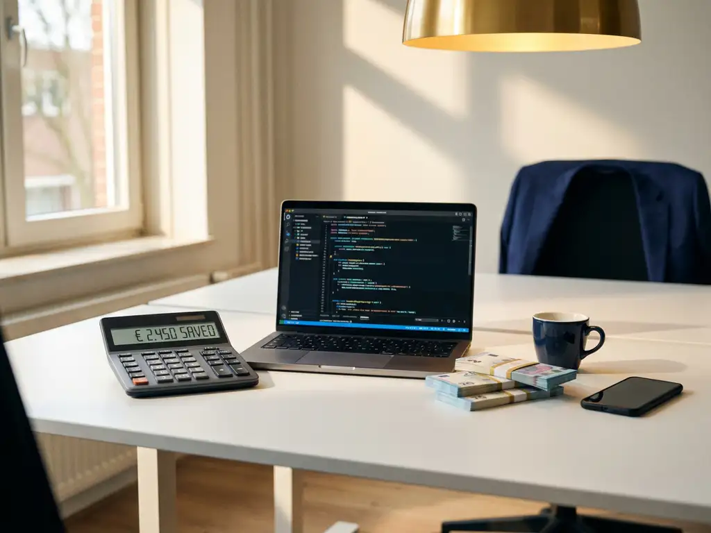 Calculator toont kostenbesparingen op wit bureau naast laptop met code, eurobiljetten, koffiekopje en smartphone in professionele werkruimte
