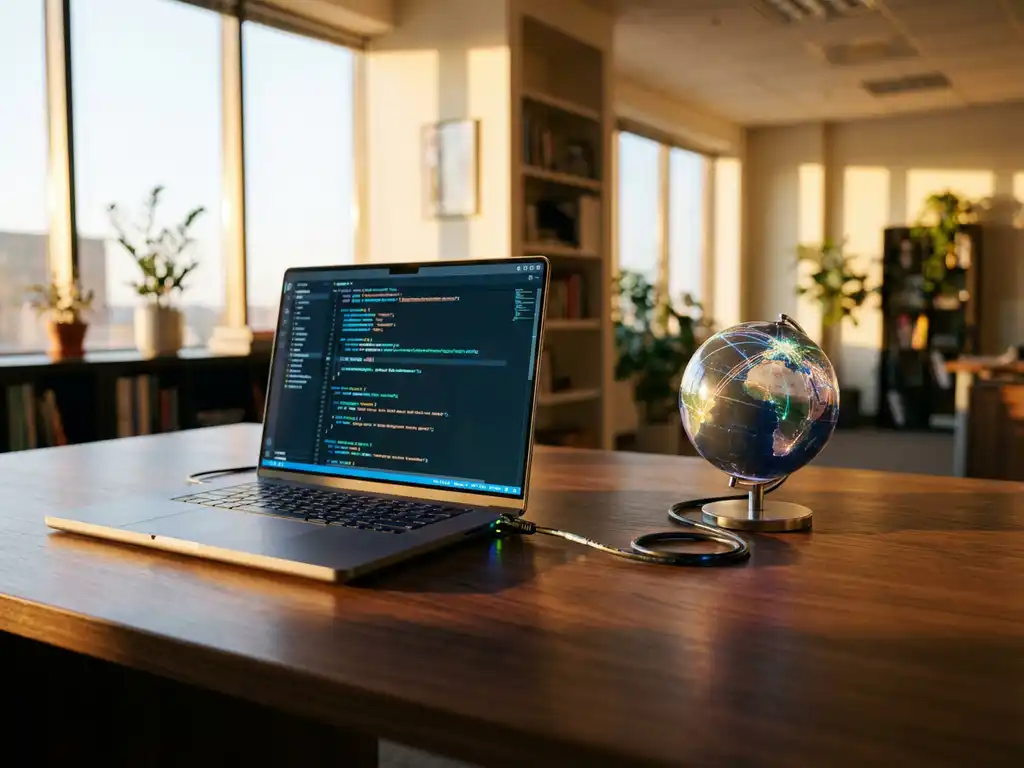 Modern laptop with colorful code on screen connected to illuminated globe showing network connections, warm sunlight streaming through office windows