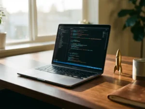 Moderne laptop met kleurrijke code op scherm op houten bureau met raket-paperweight, natuurlijk licht door raam