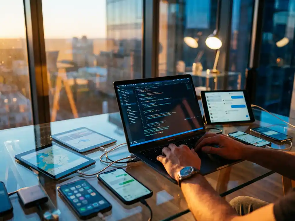 Laptop met code op scherm omringd door tablets en smartphones verbonden met ethernetkabels op glazen bureau