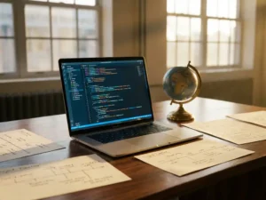 Modern laptop with colorful code on screen sits on wooden desk beside spinning globe and scattered development timeline papers in warm golden hour light