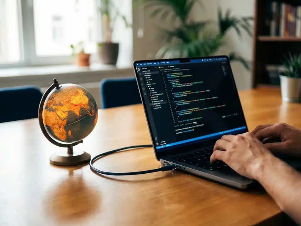 Modern laptop with colorful code on screen connected via ethernet cable to illuminated globe showing Nepal and Netherlands on wooden desk