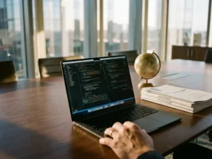 Modern laptop displaying colorful code on wooden conference table with globe and financial reports in bright office