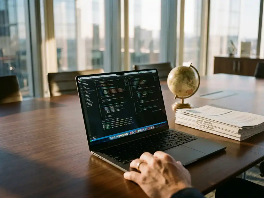 Modern laptop displaying colorful code on wooden conference table with globe and financial reports in bright office