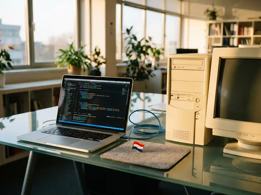 Laptop displaying colorful code next to desktop computer setup connected by ethernet cables on glass desk with Dutch flag pin