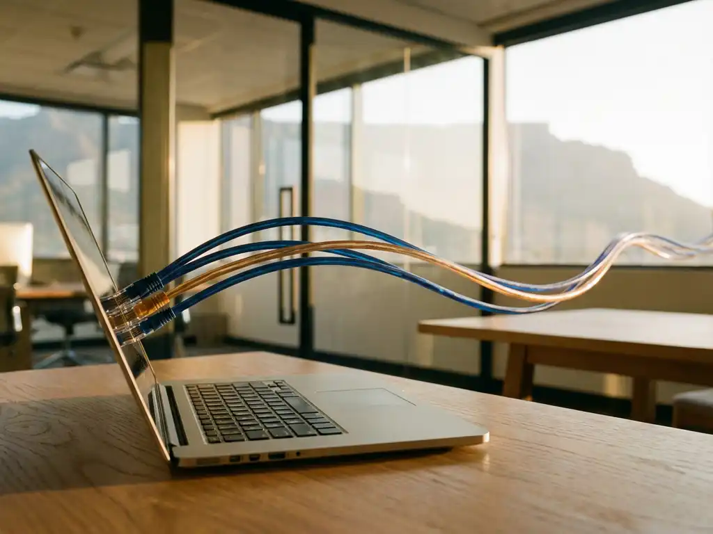 Laptop verbonden met ethernet kabels die naar bergen leiden in modern Nederlands kantoor met warme verlichting