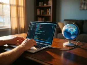 Laptop met kleurrijke code op scherm verbonden via ethernetkabel met globe op houten bureau, handen typen in warm zonlicht