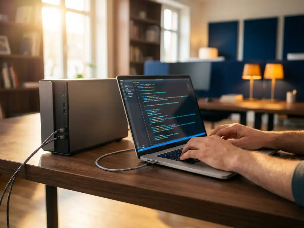 Laptop met kleurrijke code op scherm verbonden met servertoren op houten bureau, handen typen in warm zonlicht