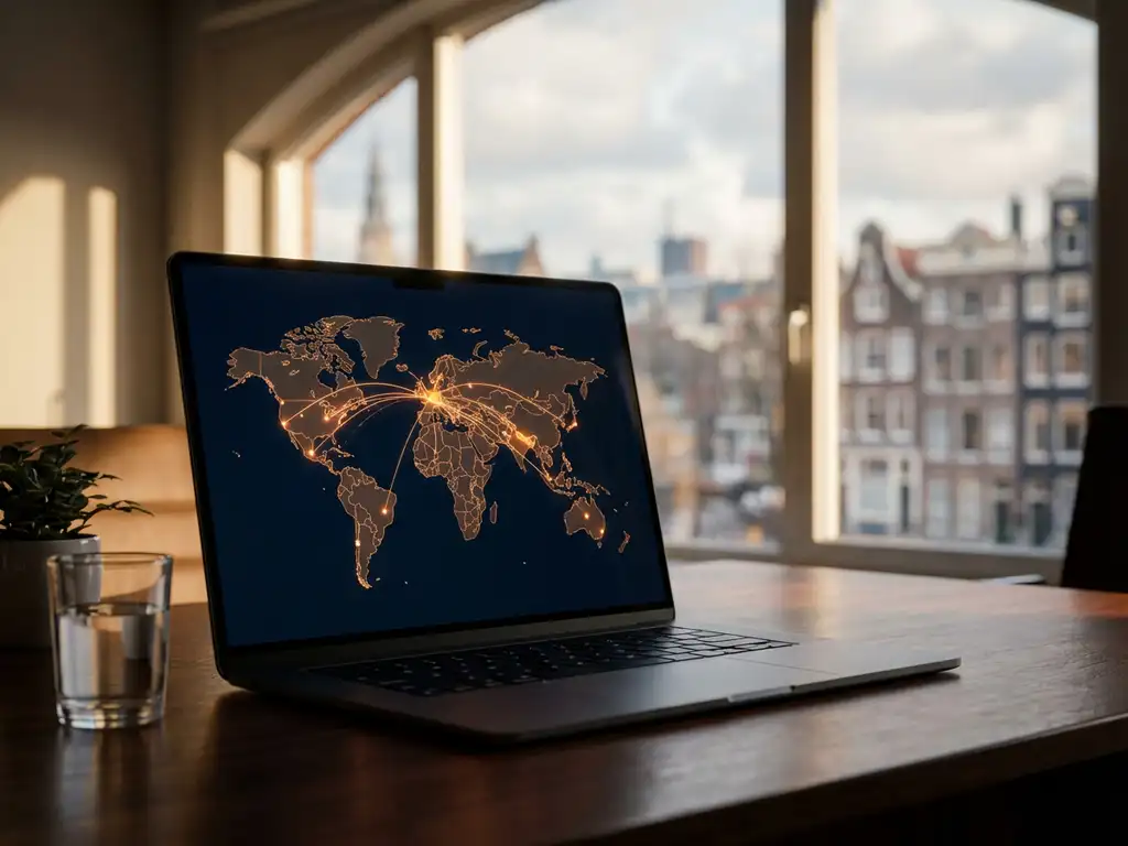 Modern laptop displaying world map with glowing connection lines between Netherlands and Nepal on wooden desk in bright Amsterdam office