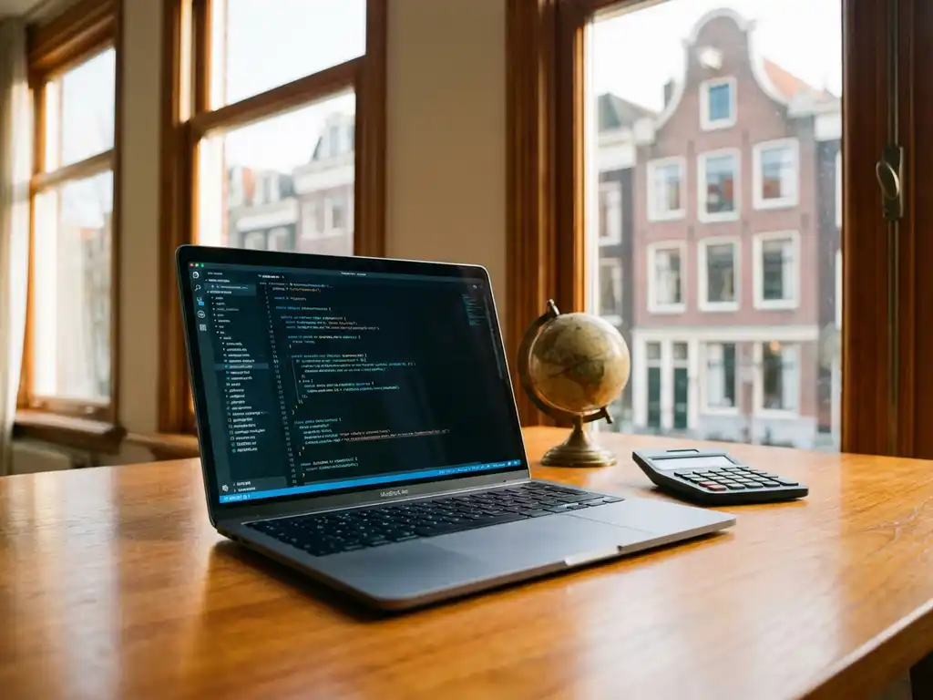 Laptop met code op scherm op houten bureau naast raam met Nederlands kantoorgebouw, globe en rekenmachine op tafel