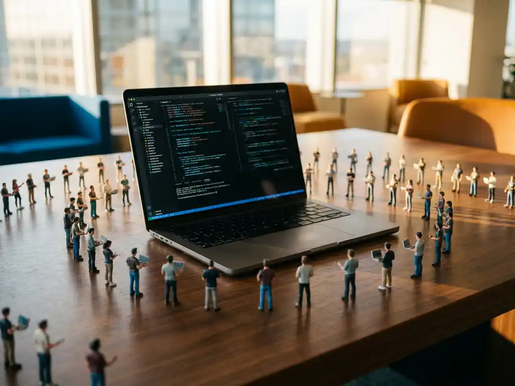 Laptop met code op houten bureau omringd door ontwikkelaar figuren in cirkels, natuurlijk licht door kantoorvensters