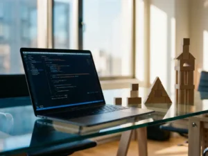 Laptop with code windows open on glass desk beside wooden blocks arranged from single pieces to tower structure