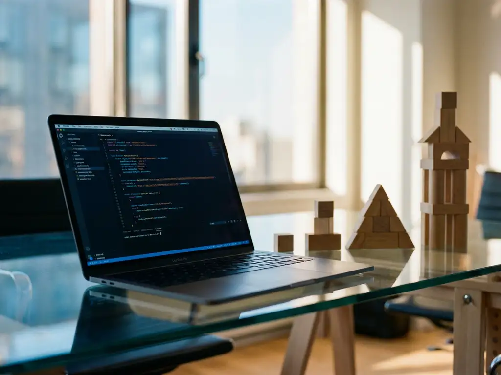 Laptop with code windows open on glass desk beside wooden blocks arranged from single pieces to tower structure
