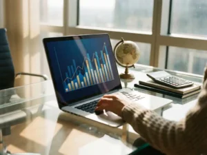 Laptop displaying colorful profit charts and upward trending graphs on glass desk with globe and calculator, hands typing, natural sunlight streaming through windows