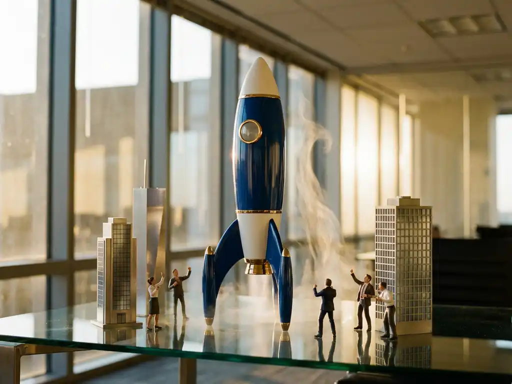 Raketmodel lanceert vanaf glazen bureau omringd door miniatuur kantoorgebouwen en zakelijke figurines in gouden licht