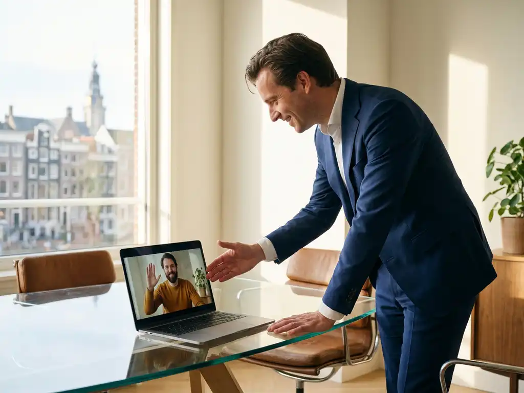Dutch business executive shaking hands with developer through laptop screen during video call in bright Amsterdam office