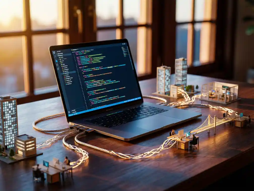 Modern laptop with colorful code connected by cables to miniature office buildings and workstations on wooden desk, representing global team connectivity in warm golden lighting