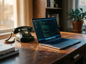 Moderne laptop met code op het scherm naast vintage draaischijftelefoon op houten bureau, warm natuurlijk licht
